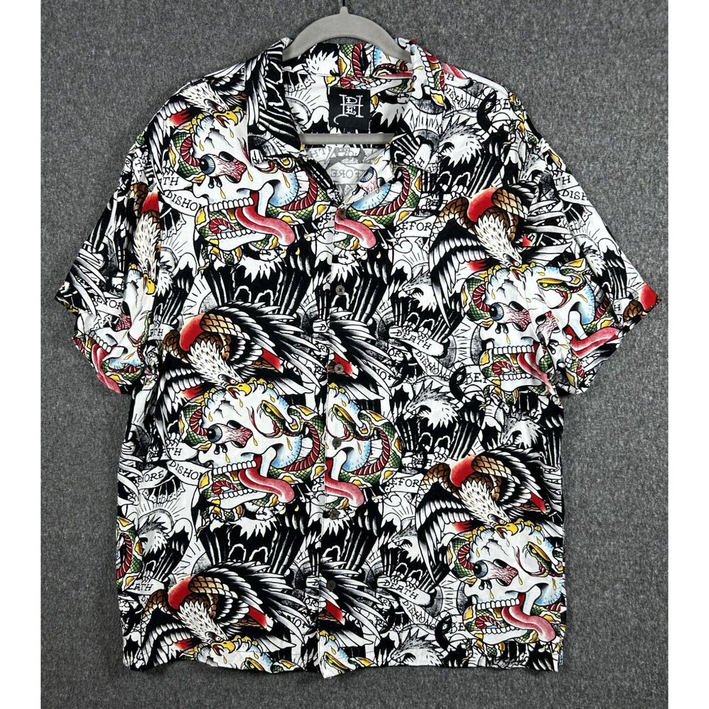 Ed Hardy Death Before Dishonor Battle Skull Camp Shirt XL